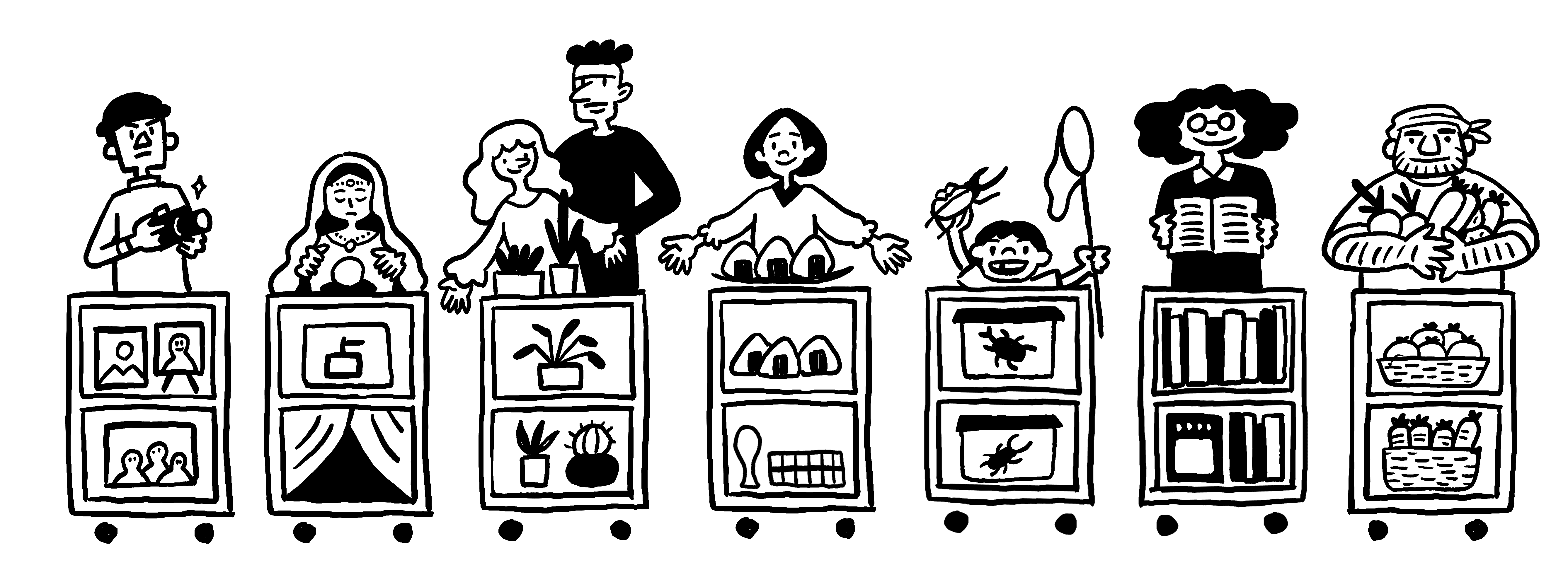 ヒトタナのイメージ - 棚の前に立つ人々のイラスト